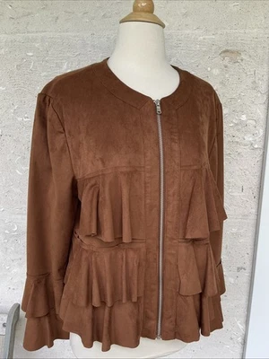 INC Faux Suede Jacket Women XL Brown Ruffles Layers Boho Hippie Western Biker - Image 1 of 4