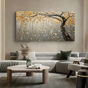 Abstract Golden Willow Tree With Hanging LeavUnframed Canvas Painting for Living - Picture 1 of 7