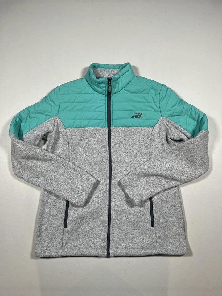 Chaqueta New Balance para mujer gris medio verde azulado cremallera completa polar acolchada atlética Foto 1 de 4