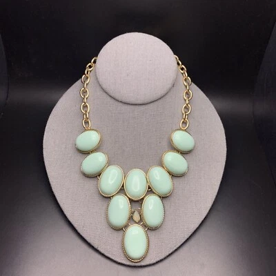 Mint Green Bib Statement Necklace Chunky Bold Gold Tone Oval Plastic Cabochon - Image 1 of 4