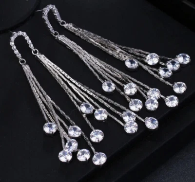 MOISSANITE GLUMMER LONG DANGLE DROP LADIES EARRING 8 CM LONG - Image 1 of 4