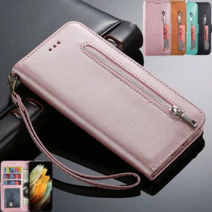 iPhone 16 Pro 12 13 7 8 14 XR Zip Leather Wallet Magnetic Flip Phone Case Cover - Picture 1 of 48