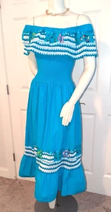 Vtg Floral Embroidered Mexican Moo-moo teal floral off shoulder fitted bodice - Picture 1 of 9