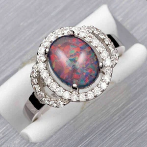 3.00Ct Oval Black Cherry Red Fire Opal Cabochon Sterling Silver Ring Size All - Picture 1 of 4