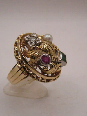 Art Deco Ring Tutti Frutti Gemüsering  Gold 585 Brillant Smaragd Rubin 11g  14k - Bild 1 von 4