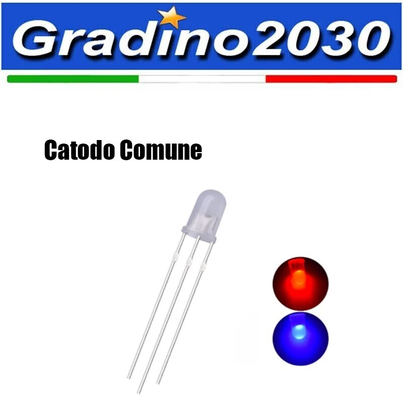 10pz LED Bicolore Rosso/Blu 5mm 3 Pin Catodo Comune - Ideali per Arduino