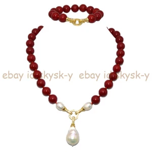 12mm Red Coral White Natural Edison Baroque Pearl Pendant Necklace Bracelet Set - Picture 1 of 11