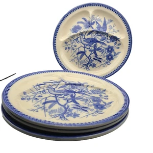 Antique Villeroy & Boch set (4) divided plates blue white Mettlach Fasan 10.75" - Picture 1 of 11