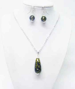 Banded Agate Green/Beige Dragon Grain Teardrop Pendant Necklace/Earrings Set - Picture 1 of 5