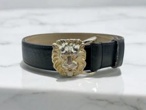 VTG Designer Anne Klien Black leather belt Gold-tone Lion head buckle ladies 34" - Picture 1 of 8