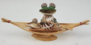 Vintage 60s 70s Seashell Figurine Canoeing Frog With A Paddle And Duck Passenger - Picture 1 of 5