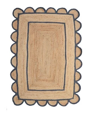 Scalloped Jute Rug Natural with Navy Blue Trim Boho Jute Area Rug - Image 1 of 4