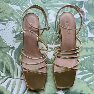 J.CREW NUOVO CON ETICHETTE Layne cinturino-sandalo pelle oro metallizzato tacco tg 10 CA048 - Foto 1 di 12