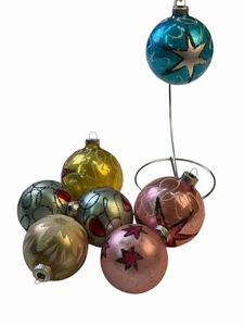 7 Vintage Merkur Glas Ornament West Germany Glimmer beflockt handbemalt sortiert - Bild 1 von 4