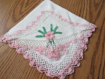 Vintage White Handkerchief Hankie with Beautiful Pink & White Ruffled Crochet - Image 1 of 4