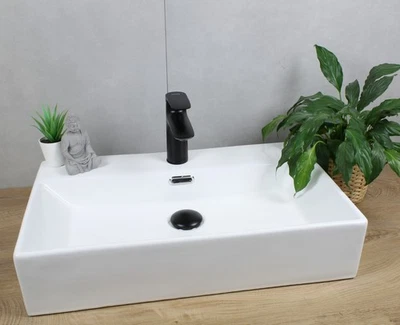 Lavabo quadrato in ceramica HAGO® 600x360x130 bianco con troppopieno lavabo da appoggio - Immagine 1 di 4