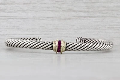 David Yurman 0.16ctw Ruby 5mm Cable Cuff Bracelet Sterling Silver 14k Gold 6.5" - Image 1 of 4