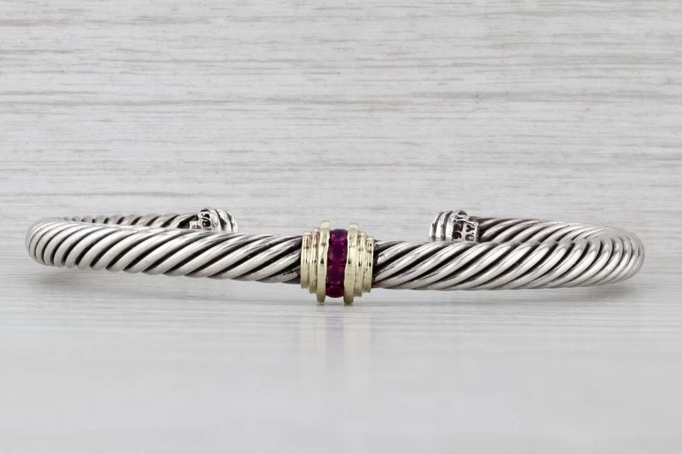 Brazalete David Yurman 0.16ctw Rubí 5mm Cable Plata de Ley Oro 14k 6.5" Foto 1 de 4
