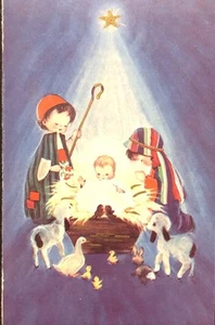 Vtg Christmas Greeting Card Adorable Children Shepherd Sheep Birth Jesus Christ - Picture 1 of 3