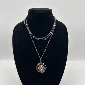 Premier Designs Brass Tone Multilayer Necklace With Purple Rhinestone Pendant - Picture 1 of 11