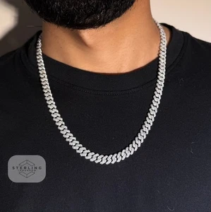 Moissanite 8mm 22" Miami Cuban Chain Hip Hop Iced 925 S.Silver Pass Testers - Picture 1 of 12