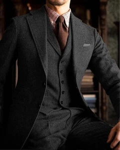 Traje de Boda Para Hombre Gris Lana Tweed Cuadros Vintage Retro 3 Piezas Baile de graduación Novio Esmoquin - Imagen 1 de 8