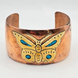 Bracciale Vintage Cobre Rame e Ottone Turchese Intarsiato Farfalla Largo 7" Messico - Foto 1 di 11