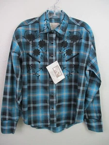 Rockmount Ranch Wear Pearl Snap Shirt Medium Teal Blue Black Plaid Floral - Bild 1 von 14