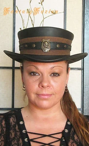 Steampunk Hat Pirate Freebooter Gold Hunter Skull Leather SHORT Top Hat 2 Tones - Picture 1 of 2