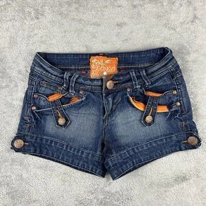 XOXO Denim Shorts Juniors Size 1/2 Y2K Orange Accents Embroidered Pockets - Picture 1 of 11