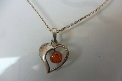 Bella Vecchio Collana Con Ciondolo, 925 Argento, Cuore Con Ambra - Immagine 1 di 4