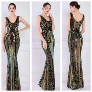 Black, V Neck, Contrast Sequined and Mesh Mermaid Maxi Formal Gown - Picture 1 of 11