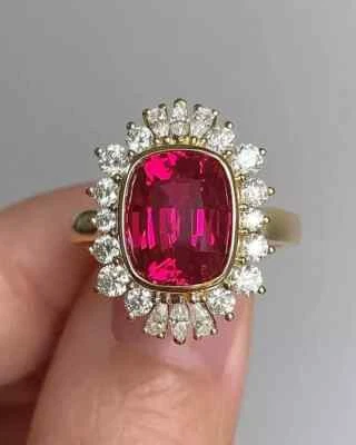 4.60Ct Cushion cut Certified Natural Ruby & Diamond Wedding Ring 14k Yellow Gold - Image 1 of 4