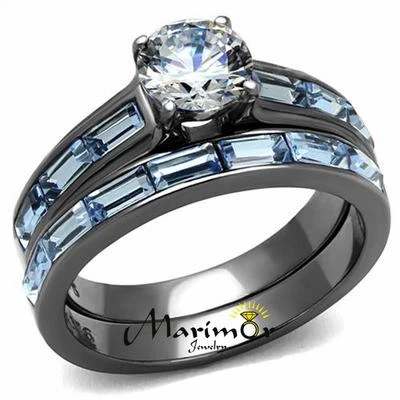 Juego de anillos de boda de acero inoxidable gris circonita azul claro y marino de 2,85 quilates para mujer talla 5-10 Foto 1 de 4