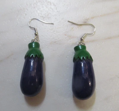 1 1/4" long Resin 3D Eggplant Egg Plant Pierced Earrings Stainless Steel ~ Emoji - Image 1 of 2