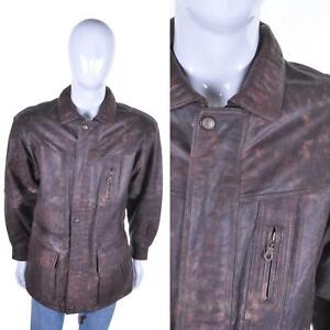 VINTAGE Brown Leather Biker Jacket L Coat Overcoat Bomber