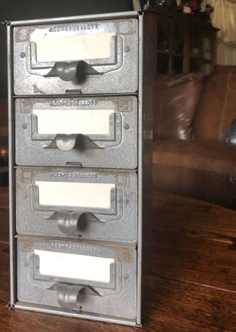 Vintage 4 Drawer 4" x 2" Card Metal Interlocking Index File Box Cabinet USA Cover
