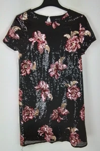 New Look Mini Dress Size 10 Black Floral Sequins Short Smocked Keyhole Used F2 - Picture 1 of 7
