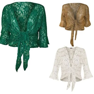 Women's Plus Size Floral Sequin Lace 3/4 Flared Sleeve Ladies Tie Shrug Cover Up - Picture 1 of 25