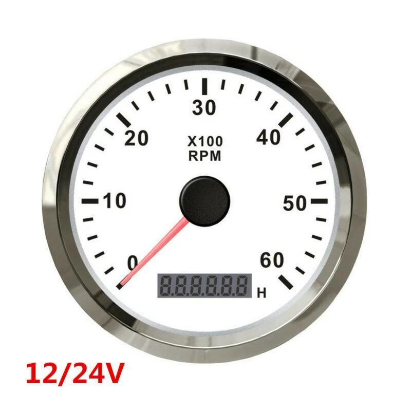 1X White 12V 24V Car Truck Boat Tacho Gauge Tachometer with Hour Meter 0-6000RPM - Image 1 of 4