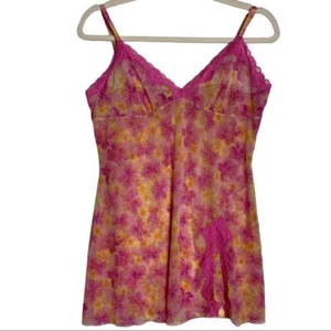 Silk & Satin Y2K Hawaiian Floral Sheer Slip Dress Size Large Baby Doll Lace Trim - Bild 1 von 8