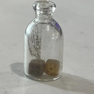Antique Miniature Glass Dice In Bottle W Feather Approx 1.25” Hand Blown Blobtop - Picture 1 of 4