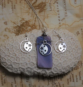 Purple Sea Glass Style Moon Stars Necklace and Earring Set Handmade Wire Wrapped - Picture 1 of 4