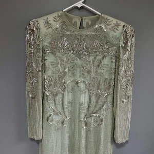 Vintage Silk Beaded Black Tie Formal Gown Mint Green Size 10 He-Ro Industries - Picture 1 of 23