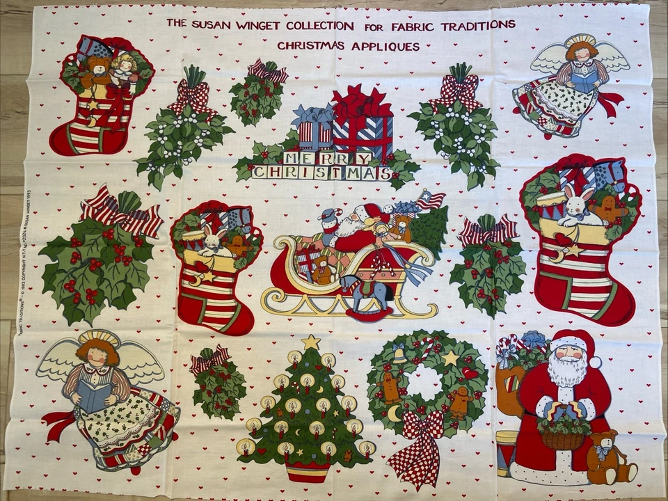 Vtg SUSAN WINGET CHRISTMAS APPLIQUES PANEL Cotton Fabric - Image 1 of 1