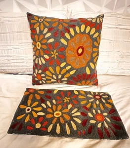 Crate & Barrel Set Of 2 Pershall Teal 20x20 Wool Embroidered Pillow Covers - Picture 1 of 12