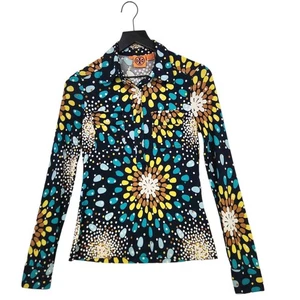 Tory Burch 100% Seide Bluse XS Gold Knopf Mehrfarbig Starburst Geo Print Artsy - Bild 1 von 14