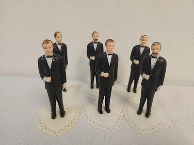 Vintage SET OF 6   Groom Groomsman Cake Toppers  & HEART BASES BLACK SUITS - Image 1 of 4