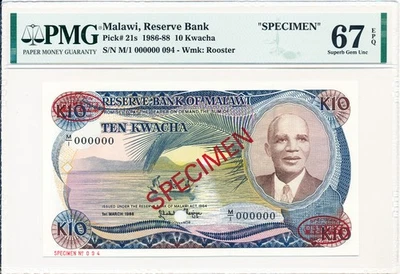 Reserva Banco Malawi 10 Kwacha 1964 Espécimen PMG 67EPQ Foto 1 de 2
