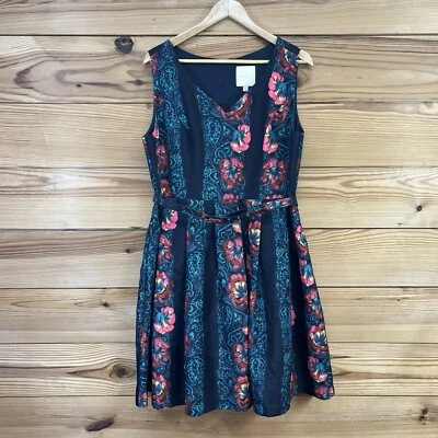 ModCloth Dress Womens XL Black Pink Floral Tea Dress Belted Pleated Slip B114 - Image 1 of 4